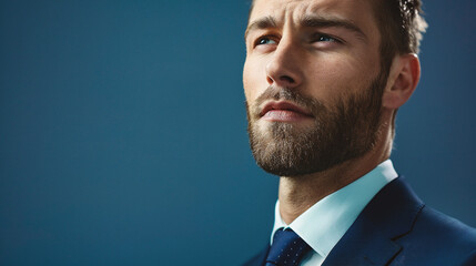 Portrait of a handsome businessman on a blue background. Men's beauty, fashion.