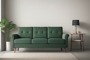 Green couch against concrete wall in modern living room.