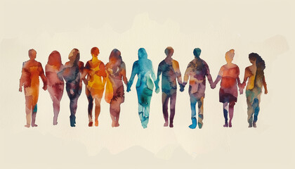 Fototapeta premium colorful watercolor illustration of diverse people holding hands, representing unity and diversity