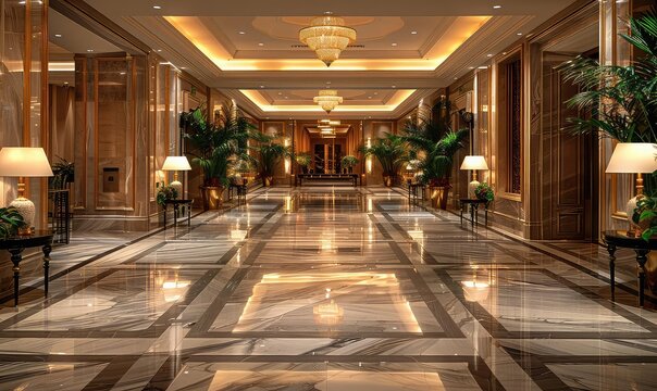 5-star hotel lobby with marble floor, crystal chandeliers, and lush plants. The lobby is spacious and luxurious, with a high ceiling and plenty of seating.