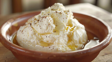 Genuine colombian ajiaco soup with chicken, potatoes, and corn, topped with cream and capers, presented in a traditional clay bowl