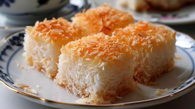 Delicious coconut sweets typical of colombian cuisine, served on an elegant blue and white ceramic plate, showcasing texture and color