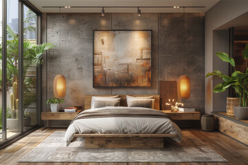 Minimalist bedroom with subdued colors and minimalist aesthetics. AI generated.
