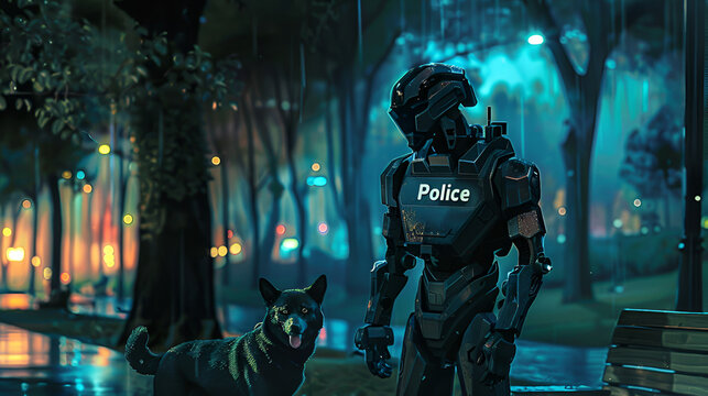 robot policeman conducts patrol with its canine companion, evening lights, painting
