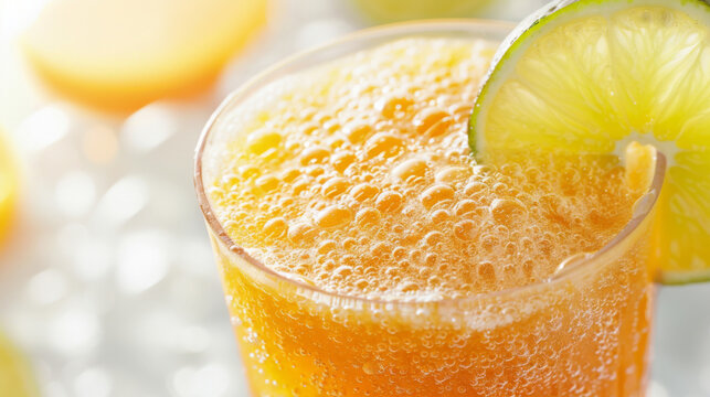 Close-up of colombian lulo juice with a lime garnish, highlighting the refreshing and bubbly texture of this classic tropical drink