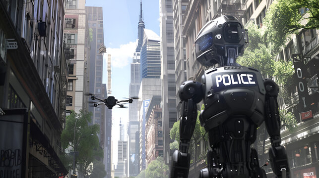 robot police officer patrols the streets with its robotic drone companion, daylight, realistic