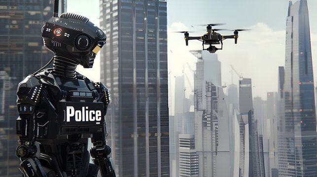robot police officer patrols metropolis using a drone, skyscrapers