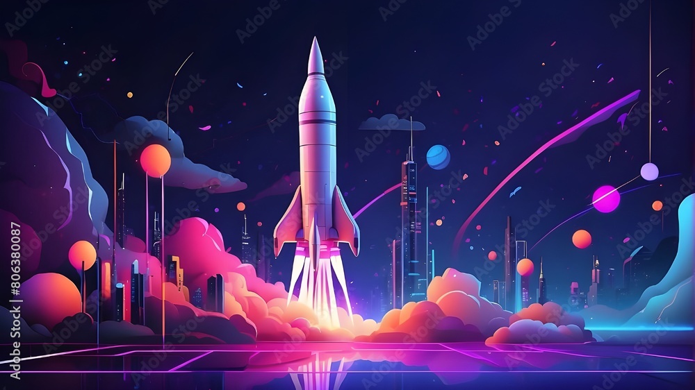 Poster an illustration of a rocket blasting off with neon lights in the background for a startup concept. a