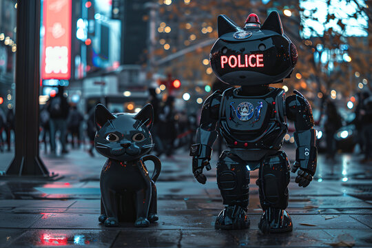 robot policeman patrols downtown alongside its robotic cat companion, rainy day, realistic photo