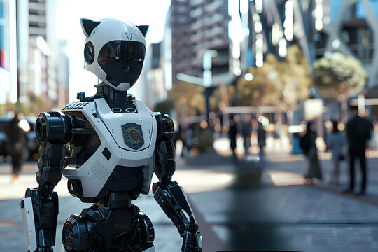 police robot patrols the city, robocat in action, daylight, realistic