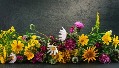 enchanting floral panorama with a variety of vibrant wildflowers on dark background