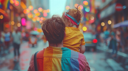 Obraz premium Father and daughter Walking Together in Gay Pride Parade, Back View