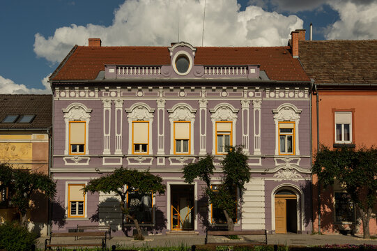 Lilac building from Szentgotthard main square (Szell Kalman ter) from Hungary
