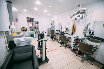 Modern interior of a hairdressing salon. Nobody.