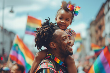 Black Father Carrying Daughter in Gay Pride Parade - Powered by Adobe
