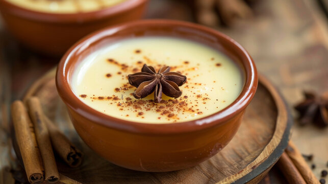 Traditional colombian natilla dessert with cinnamon stick and star anise in a rustic clay bowl, a festive holiday treat