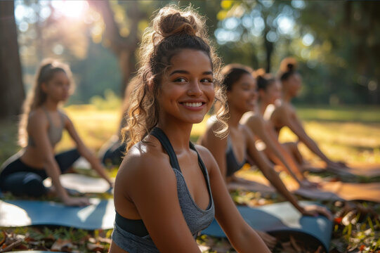 Group of friends exercising together in a sunny park, laughing and stretching on yoga mats. AI generated.