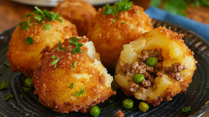 Delicious colombian-style stuffed potatoes with minced meat and peas, garnished with fresh parsley on a wooden surface
