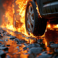 Car tyre in fire