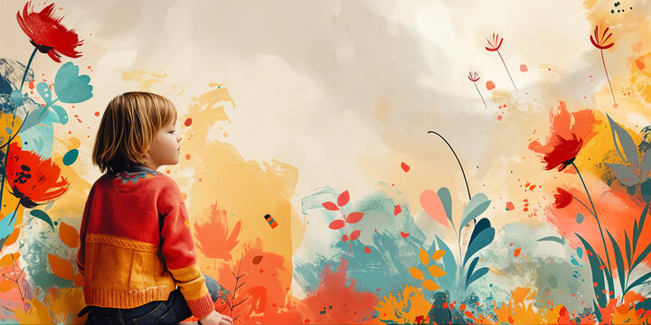 Imagination template artwork. Abstract Background backdrop illustration with plenty of space for text. Girl with blond hair. Childhood, imagination, creativity, growth, education, learning, colorful
