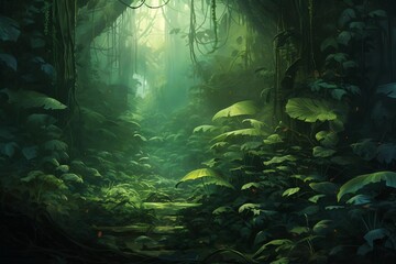 The lush green foliage of the jungle creates a dense and vibrant environment.Sunlight filters through the thick canopy, casting a dappled pattern on the forest floor.