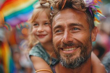Obraz premium Father Carrying Daughter in Gay Pride Parade