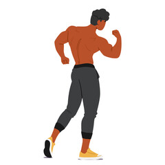 Muscular Bodybuilder Male Character From The Back, Flexing His Biceps, Showcasing Strength And Fitness, Vector