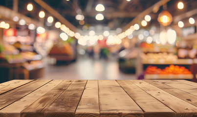 Empty wooden table top with blurred background of a bustling market or grocery store for product display montage, with copy space, in the style of blurred background.