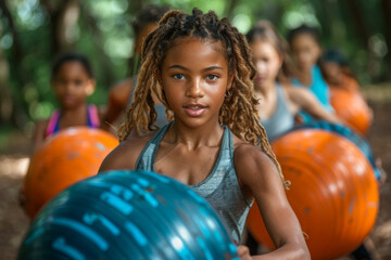 Kids participating in a fitness boot camp on a vibrant park, energetic and fun. AI generated.