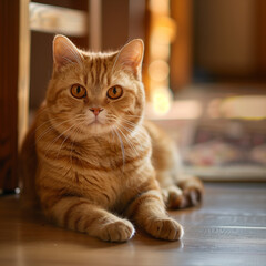 Non pedigree ginger orange pet cat looking into camera at home, waiting to be fed, warm atmosphere, sunshine
