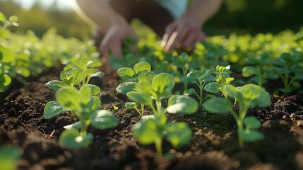 Agriculture in lifestyle and activity concept. Hand in action to picking fertile seedling on black tray in nursery for prepared to planting in organic farm