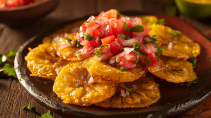 Delicious colombian patacones with fresh tomato and onion salsa, served as a savory latin american appetizer on a rustic plate