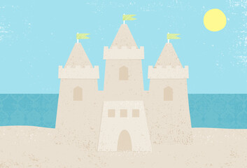 A sand castle on the beach, in a cut paper style with textures
