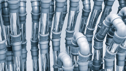 A series of pipes are shown in a close up. The pipes are silver and are arranged in a way that they...