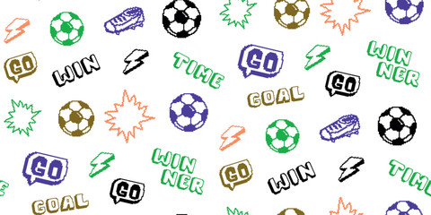 Pixel soccer ball seamless pattern with text Goal time, go, win, lightning sign, football soccer. Pixel repeat print with balls. 8 bit football print