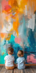 Two kids, siblings, in front of a colorful abstract background wall, handprinted childrens artwork, symbolising creativity, education, imagination, emotional resilience, growth, exploration