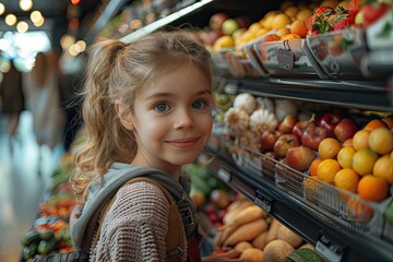 Shopping with kids. Little girl with shopping cart buying vegetables in supermarket. Mom and little girl buy fresh tomatoes in grocery store. Family in shop. Parent and children in a mall