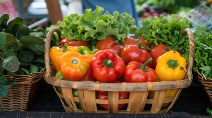 Farmers Market Bounty: A basket filled with ripe tomatoes, colorful bell peppers, and leafy lettuce, displayed at a farmers market stall to attract health-conscious customers. Generative AI