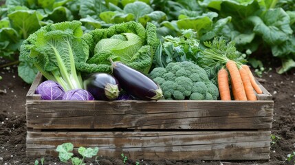 Fresh organic vegetables in a wooden box on the background of a vegetable garden.Cabbage, pepper, eggplant, carrot, cucumber. Raw healthy food concept. Generative AI