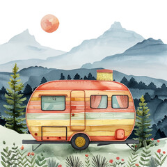 retro camper wagon with montain vector illustration in watercolor style