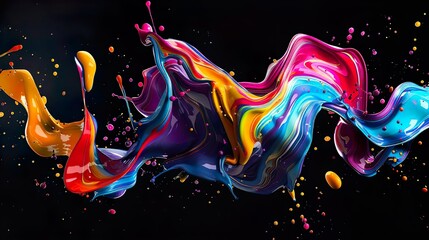 Fluid acrylic painting abstract texture on dark background. Purple pink blue and orange liquid wavy...