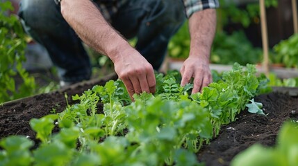 Home Gardening: A person tending to their own vegetable garden at home, showcasing the trend of growing organic produce in backyard gardens and promoting self-sufficiency in food production. 