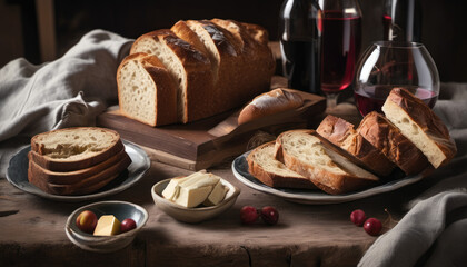 bread and wine bottle with fruits like apple and grapes on table