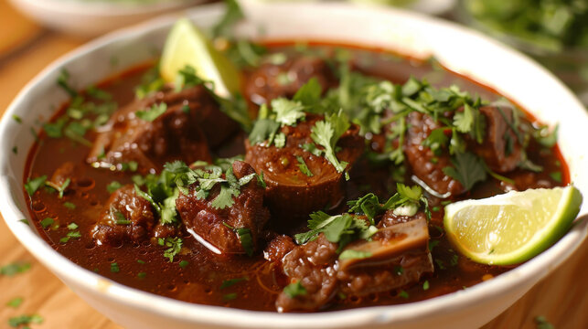 Authentic colombian ajiaco soup with cilantro, guasca, chicken, capers, avocado, and cream, garnished with lime for a hearty, delicious meal