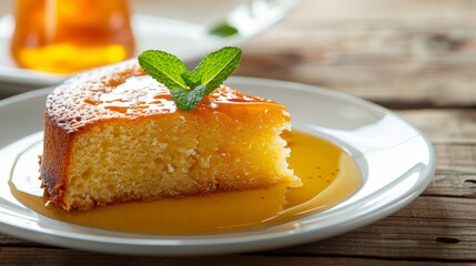 Delicious slice of caramel flan on a white plate, garnished with mint, capturing the essence of colombian sweet cuisine