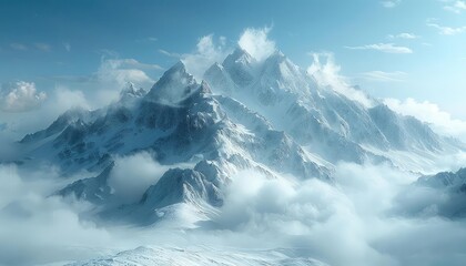 A majestic snow-capped mountain range rises above the clouds. The peaks are bathed in sunlight, while the valleys are shrouded in mist. The scene is one of awe-inspiring beauty.