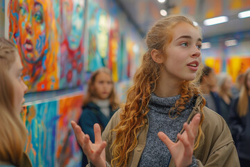Group of teenagers taking a guided tour of a contemporary art gallery, discussing the artworks. AI generated.