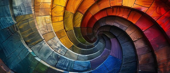 Captivating Spiral of Chromatic Wooden Panels Showcasing Color Theory Harmony