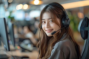 Asian woman work as customer support service or call center phone operator, using desktop computer and microphone headset, late night shift. Overtime office life, telemarketing or sales job concept