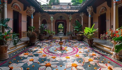 Ornate Indian courtyard with intricate floral design made of flower petals on the floor.